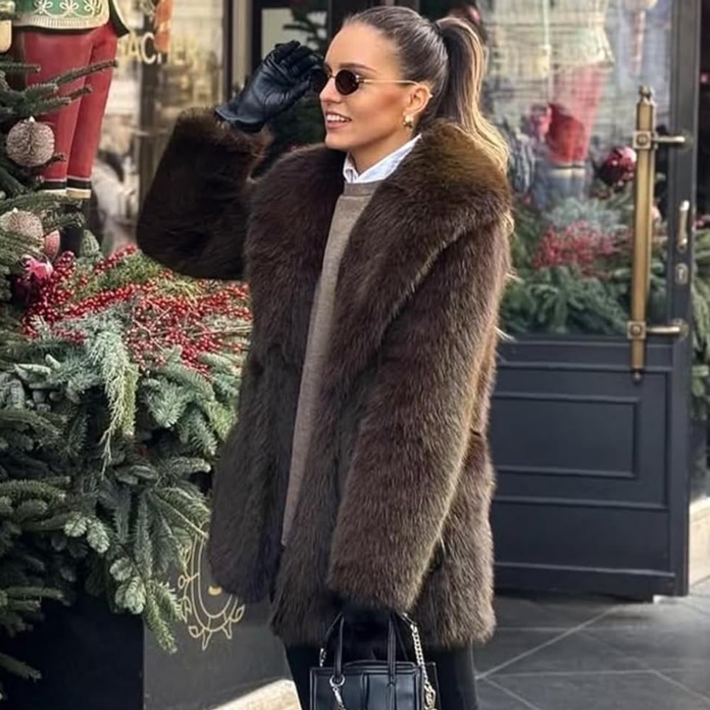 Elegant Brown Fur Coat women shaggy thick winter coat
